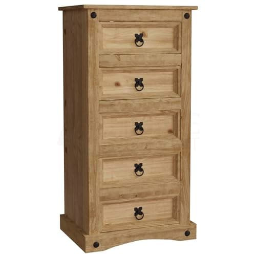 Image of Vida Designs Corona, Chest of Drawers, 5 Drawer, Narrow, Solid Pine Wood