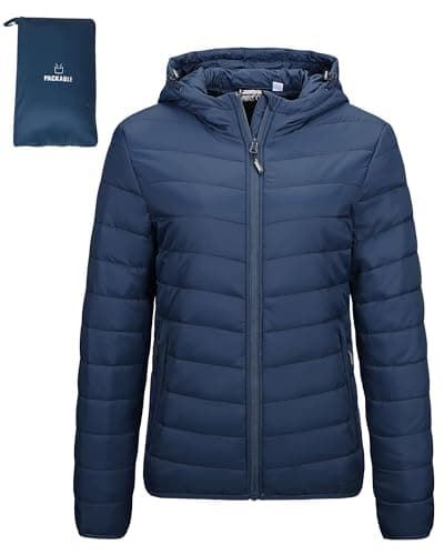 Image of Outdoor Ventures Women's Winter Lightweight Puffer Jacket with Hood, Warm, Short, Packable, Quilted, Transitional, Padded Jacket for Ladies, Lined for Hiking, Travel Navy Blue S