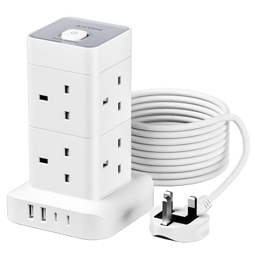 Image of Tower Extension Lead 3M with 4 USB Slots,AICODE 8 Way Multi Plug Extension Socket Tower,2 USB-A & 2 USB-C,Overload Protected Extension Cable with Switch,Power Strip for Home Office Kitchen