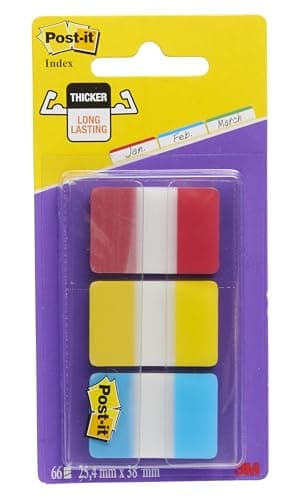 Image of Post-it Index Strong Filing Tabs, Pack of 1 Dispenser, of 66 Tabs,25.4 mm x 38 mm, Yellow, Red, Blue Colors - Extra Strong Sticky Flags for Documents and Information