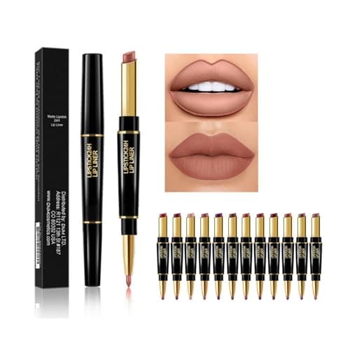 Image of Lip Liner & Lipstick Set, Long Lasting 2-in-1 Double-Ended Lipliner Pencil for Shaping & Colouring Lips, Waterproof Double Head Lip Kit (12 Colours) (12)