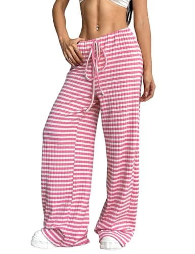 Image of Akiooue Trousers for Women UK, Casual Wide Leg Striped Palazzo Long Pants for Women Elastic Waist Ladies Trousers with Drawstring