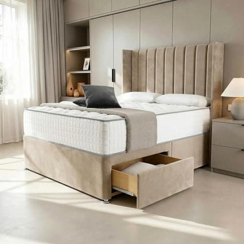 Image of Luxurious Beds Designer Manhattan Wingback Divan Bed Base With 2 Footend Storage Drawers, 54 High Floor Standing Headboard And FREE orthopaedic Mattress (Mink, King Size)