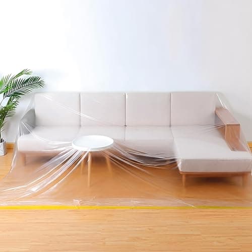 Image of 146" Extra Large L-Shape Plastic Couch Cover for Sectional Sofa, Waterproof Furniture Covers for Moving & Storage,Clear Sectional Sofa Cover Protector for Painting,Dustproof Corner & 3-Seater Couches