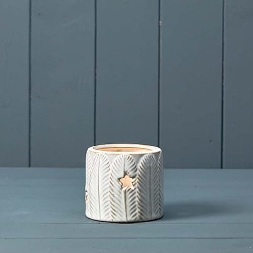 Image of White Glazed Ceramic Feather Print Votive with Cutout Star Tealight Holder, Round Short Cute Christmas Tealight holder, White Ceramic Candle Holder
