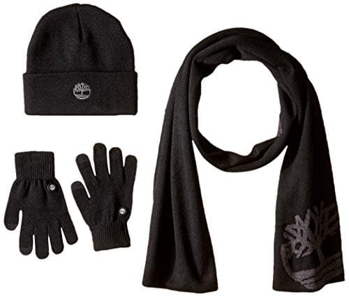 Image of Timberland Men's Double Layer Scarf, Cuffed Beanie & Magic Glove Gift Set Winter Accessory, Black, One Size