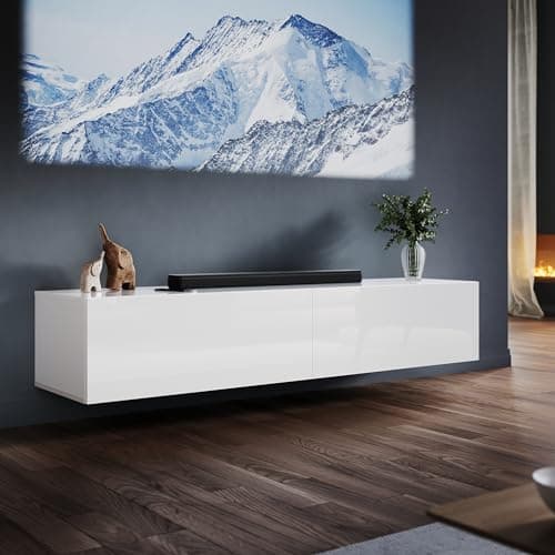 Image of ELEGANT Floating TV Stand Cabinet Unit with Pull-Down Door, High Gloss White TV Cabinet with Large Storage Shelves, Modern Wall Mounted TV Cabinets for Living Room, Bedroom 1600x400x300mm