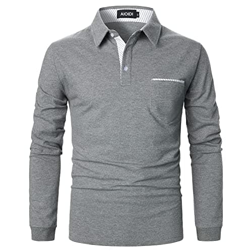 Image of AIOIDI Polo Shirts for Men Adults Long Sleeves Casual Golf Shirt with Real Pocket,Grey 2,XL