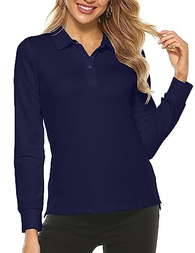 Image of AIRIKE Women's Polos Long-Sleeve Golf Tops Shirts Lady-fit Plain Classic Pique Polo Shirts Navy Size S