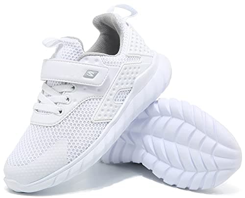 Image of Kids Walking Sports Running Shoes Breathable Casual Boys Girls Trainers Lightweight Athletic Sneakers, White, 12 UK Child
