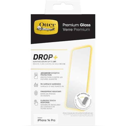 Image of OtterBox Premium Glass Screen Protector for iPhone 14 Pro, Tempered Glass, advanced Scratch Protection, Survives Drops up to 3ft, Antimicrobial Protection Clear