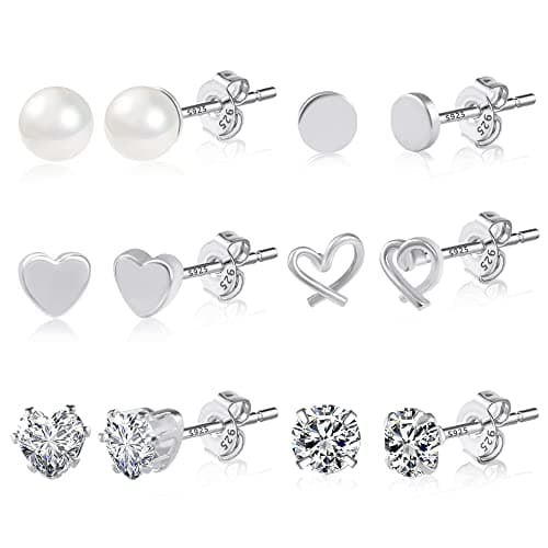 Image of ASH'S CHOICE Small Silver Stud Earrings For Women, Multipack 925 Sterling Silver Stud Earrings Set For Women ids, Cross Star Heart Round Ball Studs Earrings Sleeper Cartilage Earrings, 6Pairs