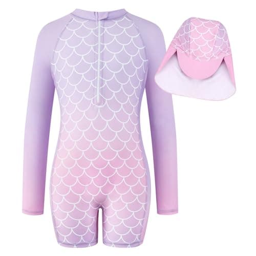 Image of WYTbaby Girls Swimming Costume One Piece Mermaid Girls Swimsuit Long Sleeve Uv Protection Summer Beach Bathing Swimwear with Zipper for Kids 8-9 Years