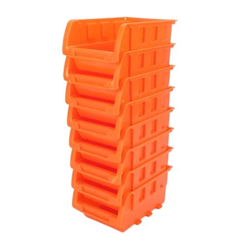Image of Zerodis Wall Mounted Storage Bins, 8 Stackable PP Plastic Bins with 3 Tracks for Garage Organization, Hardware Parts Storage, Hanging Tool, Orange