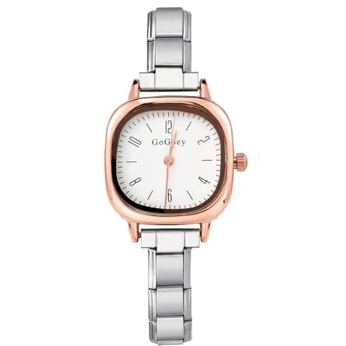 Image of Double Fair Italian Charm Bracelet Watch for Women, 25mm Square Dial Quartz Wristwatch, Two-Tone Rose Gold & Silver Stainless Steel Band, Elegant Ladies Jewelry Gift Watch