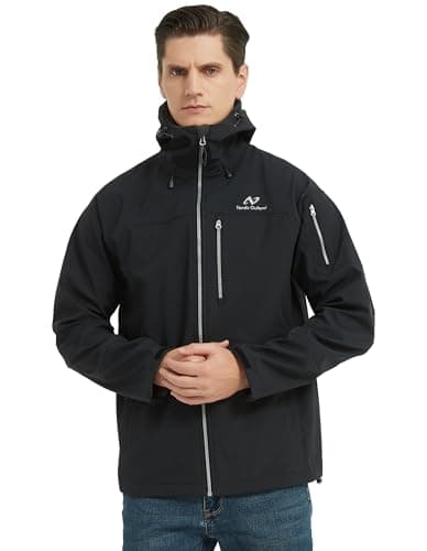 Image of NORDIC OUTLAND Men's Waterproof Softshell Rain Jacket, Hooded Windbreaker 7 Pockets, Lightweight Shell for Outdoor Activities (UK, Alpha, L, Regular, Regular, Black)