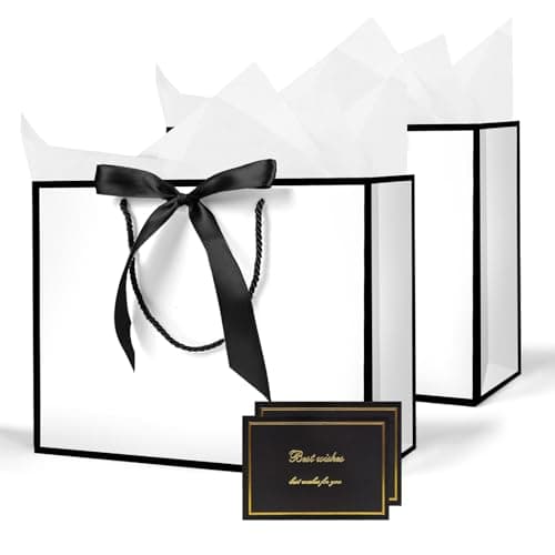 Image of AMFUN 2PCS Medium White Gift Bag, Paper Gift Bag with 4 Wrappers and 2 Cards, Present Bags with Handles, White Paper Bags for Women Valentines Girls Bridesmaid Birthday Wedding Party (White-Black)