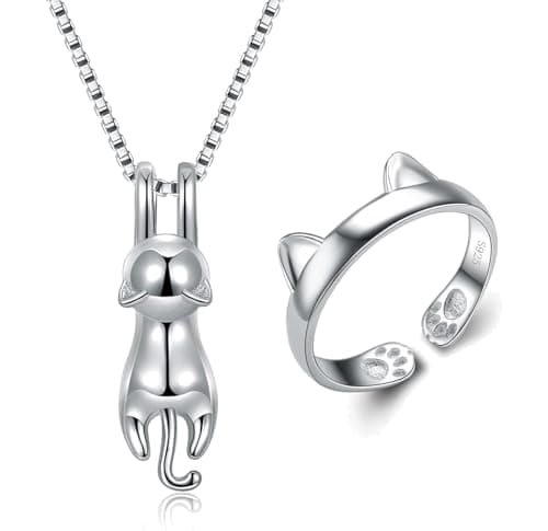 Image of Wonvin Collection Womens 925 sterling silver 3D cute cat Lover Matte surface/smooth pendant necklace (Ring+Necklace Set)