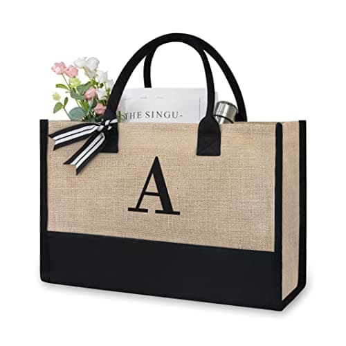 Image of TOPDesign Initial Jute/Canvas Tote Bag, Personalized Present Bag, Suitable for Wedding, Birthday, Beach, Holiday, is a Great Gift for Women, Mom, Teachers, Friends, Bridesmaids (Letter A)