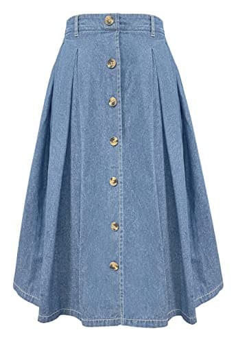 Image of Alaster Queen Women's Long Denim Skirt Ladies Midi High Elasticated Waist Flowy Pockets Skirt for Women UK, S