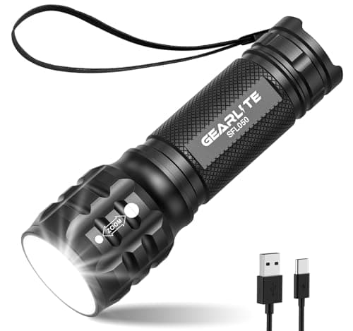 Image of GEARLITE Rechargeable Torch, 2000LM Torches LED Super Bright Adjustable Focus, Waterproof Small Torch with 3 Lighting Modes, LED Torches for Dog Walking, Emergency, Power Cut, Gift for Dad Him