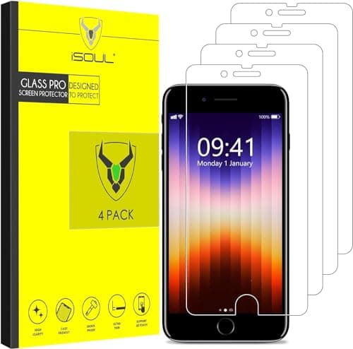 Image of iSOUL 4 Pack Screen Protector for iPhone SE 3/2 (2022/2020)/ 8/7/6s/6 Tempered Glass Film 9H HD, 2.5D Edge 4.7 inch [3D Touch] [Compatible with Apple SE iPhone 2nd 3rd Gen]