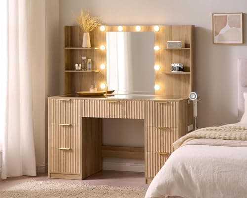Image of LUXOAK Fluted Dressing Table with Mirror & LED Lights, 7-Drawer Makeup Vanity with Glass Top, Charging Station & Hair Dryer Holder for Women & Girls, Natural Oak