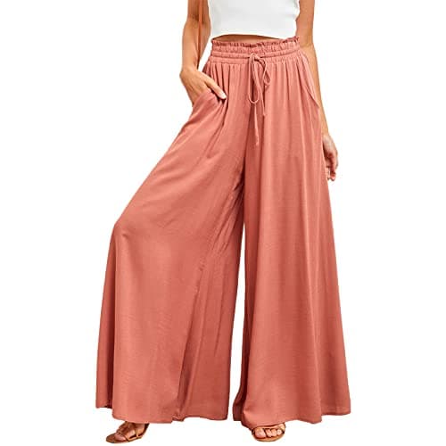 Image of aromm Women's Wide Leg Palazzo Pants Elastic Waist Casual Long Trousers Orange,M