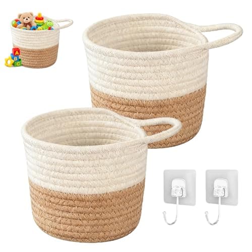 Image of Pack of 2 Hanging Baskets - 15 x 15 cm Wall Baskets Cotton Rope Weave with Handle, Small Woven Storage Basket for Plants, Flower Pots, Decoration & Storage in Kitchen, Bathroom (White/Grey)