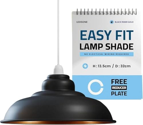 Image of LEDSONE Industrial Lampshade Metal Black Inner Gold 32cm Easy Fit with Reducer Plate Modern Hanging Pendant Light Shade for Bedroom, Hallway, Office, Kitchen, Dining Room, Cafe, Bar, Restaurtant