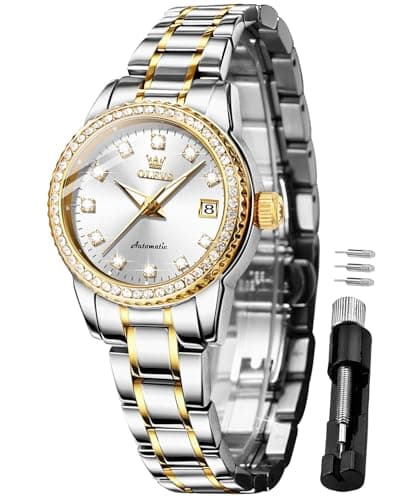 Image of OLEVS Ladies Diamond Watches Automatic Mechanical Luxury Dress Classic Self Winding Stainless Steel Wrist Watch for Women