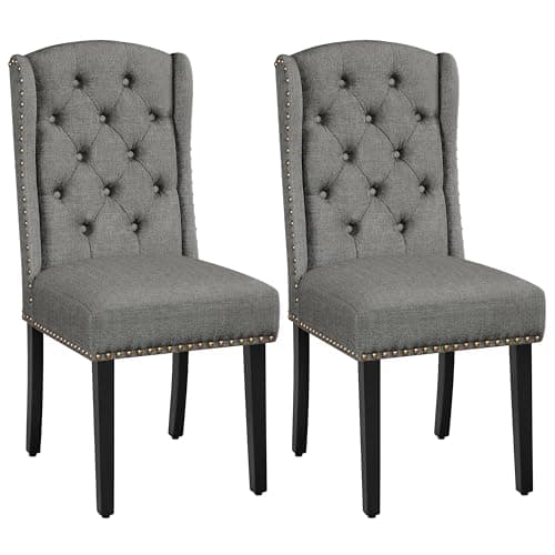 Image of Yaheetech Fabric Upholstered Dining Room Chairs Set of 2 Button Tufted Kithcen Chairs with Wooden Legs and Nailhead Trims, Light Grey