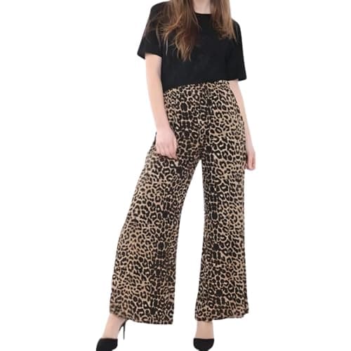 Image of Prime fashions - Women Plain Flared Palazzo – Trousers - Wide Leg Flared Pants – Elasticated Waist – Casual Wear (16-18, Leopard Print)