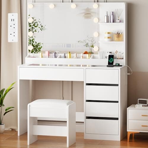 Image of ANWBROAD Dressing Table with Large Mirror and Lights 3-Colour LED Adjustable Brightness Glass Top Vanity Table with Plug and Stool 5 Drawers 5 Open Storage Areas Makeup Desk Bedroom White YBDT74W