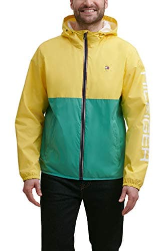 Image of Tommy Hilfiger Men's Lightweight Active Water Resistant Hooded Rain Jacket, Pastel Yellow/Green Colorblock, XXL