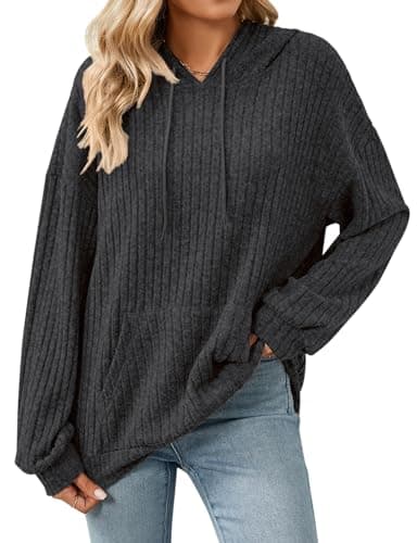 Image of Gemulate Womens Dressy Hooded Pullover Long Sleeve Striped Sweater Women Business Casual knit Dressy Tunic Sweatshirt Dark Grey L