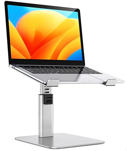 Image of Babacom Laptop Stand for Desk, 8 Adjustable Height Aluminum Laptop Riser, Ergonomic Computer Stand Sit to Stands Desktop Book Stands Compatible with MacBook, Air, Pro and More 10"-16" Notebooks-Silver