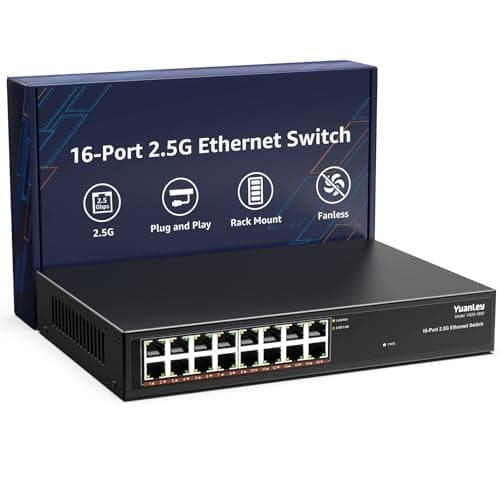 Image of YuanLey 16 Port 2.5GB Umanaged Ethernet Switch, 16 x 2.5G Base-T Ports, Compatible with 100/1000/2500Mbps, Metal Fanless, Desktop/Rack Mount YuanLey 2.5 Gigabit Network Switch for Wireless AP, PC