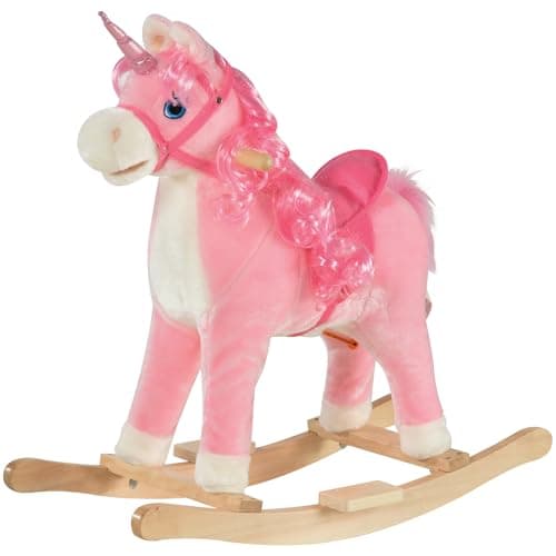 Image of HOMCOM Kids Plush Rocking Horse Ride On Unicorn w/Sound Moving Mouth Wagging Tail Children Rocker Toy Gift 3-6 Years Pink