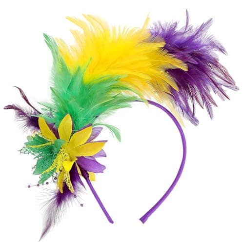 Image of MWOOT Feather Headband, 1920s Feathered Headpiece, Yellow Green Purple Roaring 20s Fascinators for Women, Artificial Flower Feather Headwear, Hair Accessory for Cocktail Carnival Prom Tea Party