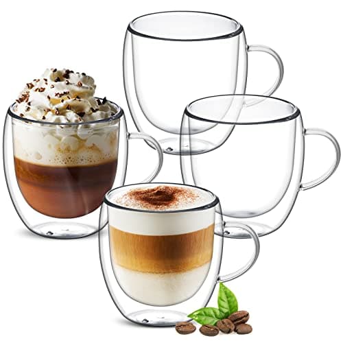 Image of Ulrikco 250ml/8oz Double Walled Borosilicate Glass Coffee Mugs with Handle, Clear Coffee Cups Set of 4, Insulated Drinking Glass Cup for Latte, Cappuccino, Espresso, Hot/Cold Drink