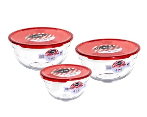 Image of Ocuisine Ôcuisine® Glass Round Mixing Bowl Set with Red Lids | Extreme Resistance | Oven Safe - Freezer Safe - Microwave Safe | Borosilicate Glass | Made in France Prep & Store (Set of 3-1L & 2 x 2L)