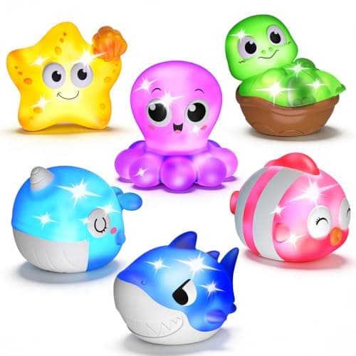 Image of Light Up Baby Bath Toys for 1 2 Year Old, Sea Animals Water Activated Bathtub Toys with Flashing LED Light, Pool Toys for Boys Girls Toddlers Age 1-3 Birthday Gifts Presents - 6 Packs