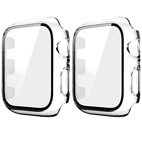 Image of HANKN 2 Pack Hard Case for Apple Watch Series 3 2 1 38mm Case Tempered Glass Screen Protector, Transparent HD Full Coverage Shockproof Iwatch Cover Bumper (Clear+Clear, 38 mm)