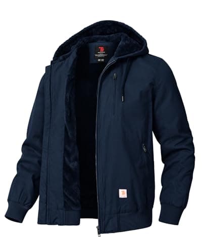 Image of donhobo Men's Winter Outdoor Fleece Lining Jackets Full Zip Hiking Winter Coat with Hood Warm Work Coats for Men Casual Jacket for Running Cycling Hunting Fishing(Navy blue, XL)