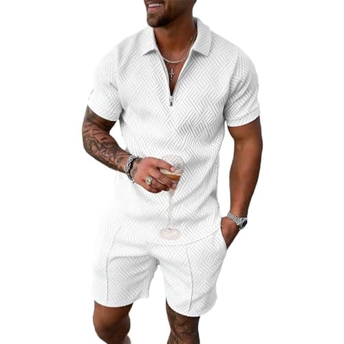Image of amropi Men's Summer Jacquard Tracksuit Short Sleeve Zip Top and Shorts Sports Outfit Set White, M