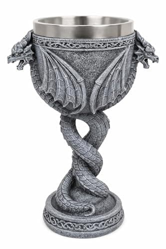 Image of JRose Collections Gothic Dragon Goblet Chalice with Twin Dragon Design – Medieval Stone Effect Resin with Stainless Steel Inner Cup – Fantasy Home Bar Décor, Collectible Ornament, Drinking Cup