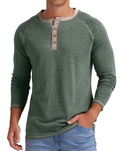 Image of Sailwind Mens Henley T-Shirt Long Sleeve Cotton Tops Casual Shirt (VG Green, M)