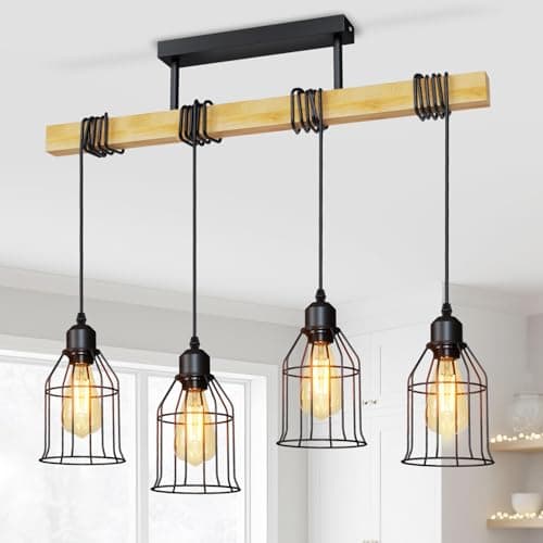 Image of LVWIT Black Kitchen Lights Ceiling,Pendant Lighting,Vintage Hanging Light,Wood Ceiling Light Fitting,4 Way Drop Lights Ceiling,Industrial Ceiling Light for Lving and Dining Room(E27 Base,NO Bulbs)
