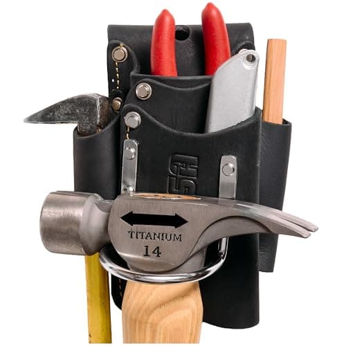 Image of FESA Small Leather Tool Pouch - 5-in-1 Heavy Top Grain Leather Small Tool Pouch with a Steel Hammer Loop, 4 Pockets & Reinforced Heavy Duty Rivets - Fits Belts up to 3" - Handcrafted (Black)